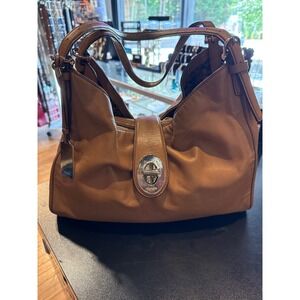 Coach Tan Leather Hobo Shoulder Bag Silver Turnlock Handbag 13x11